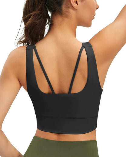 Longline Sports Bras for Women Padded Workout Tops Medium Support Crop Tops for Women Black / Small