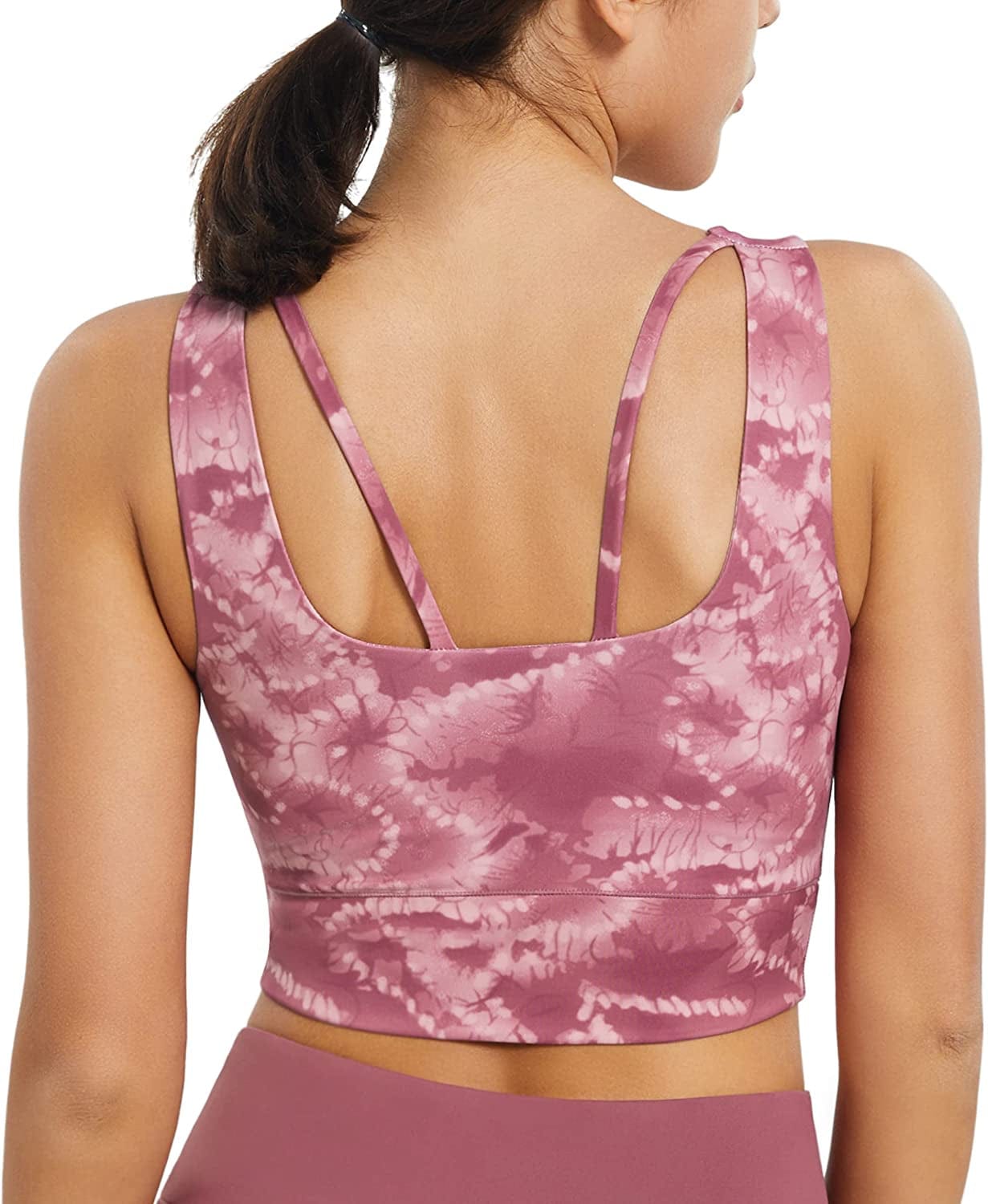 Longline Sports Bras for Women Padded Workout Tops Medium Support Crop Tops for Women Red Tiedye Printed / Medium