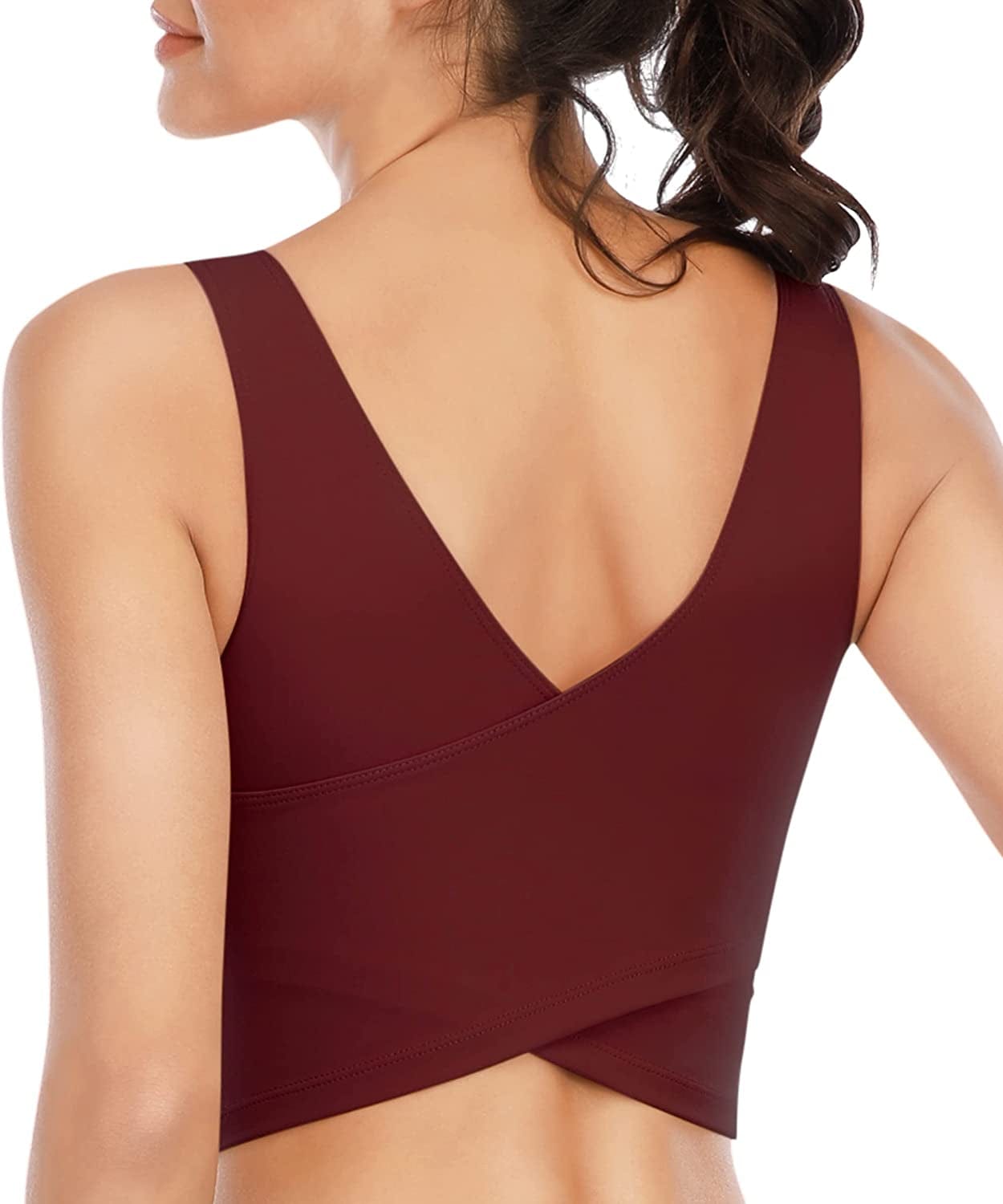 Longline Sports Bras for Women Wirefree Padded Sports Yoga Bra Gym Running Workout Tank Tops Wine Red / XX-Large