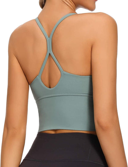 Longline Strappy Padded Sports Bras Workout Running Tank Crop Tops Yoga Gym Fitness Activewear for Women Green / X-Large