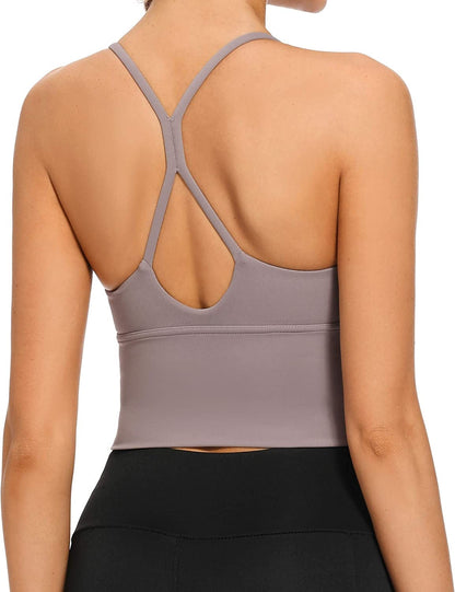 Longline Strappy Padded Sports Bras Workout Running Tank Crop Tops Yoga Gym Fitness Activewear for Women Grey / X-Large