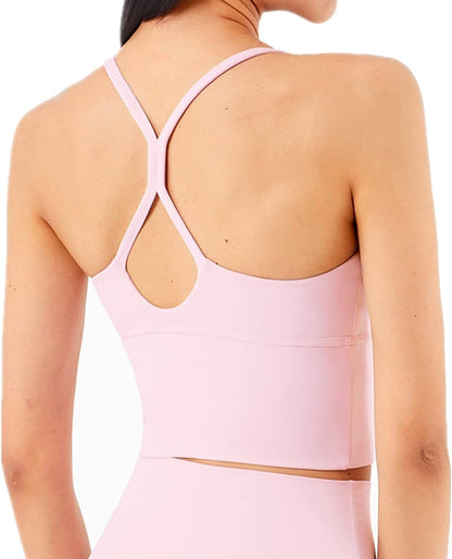 Longline Strappy Padded Sports Bras Workout Running Tank Crop Tops Yoga Gym Fitness Activewear for Women Light-pink / Large