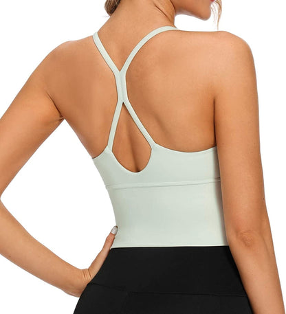 Longline Strappy Padded Sports Bras Workout Running Tank Crop Tops Yoga Gym Fitness Activewear for Women Light-green / Small