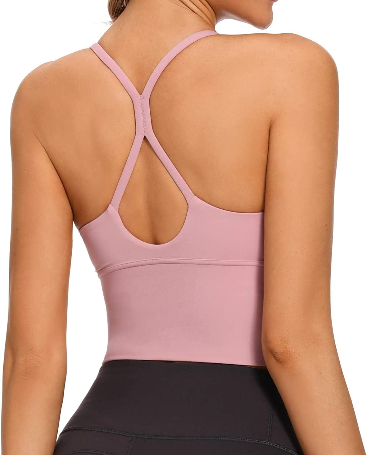 Longline Strappy Padded Sports Bras Workout Running Tank Crop Tops Yoga Gym Fitness Activewear for Women Pink / Medium