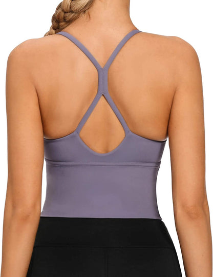 Longline Strappy Padded Sports Bras Workout Running Tank Crop Tops Yoga Gym Fitness Activewear for Women
