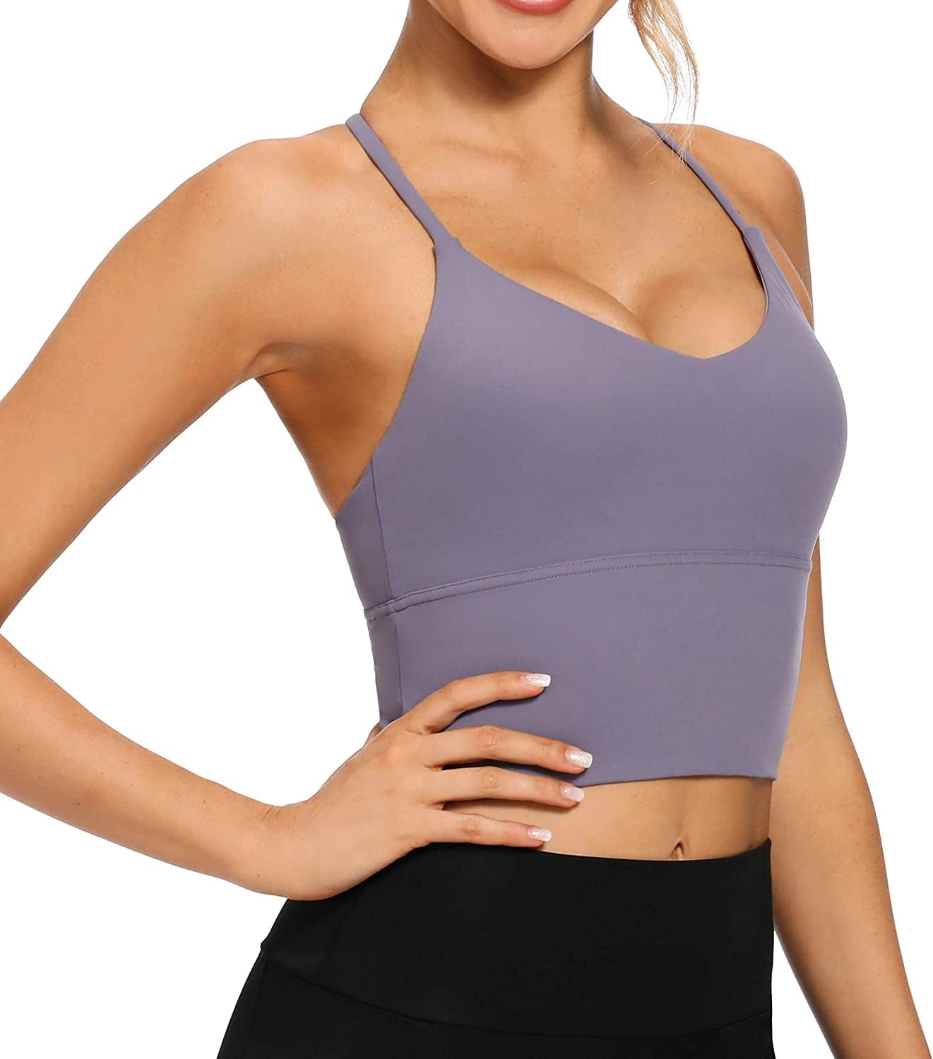 Longline Strappy Padded Sports Bras Workout Running Tank Crop Tops Yoga Gym Fitness Activewear for Women