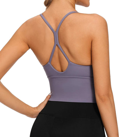 Longline Strappy Padded Sports Bras Workout Running Tank Crop Tops Yoga Gym Fitness Activewear for Women Grey-purple / Small