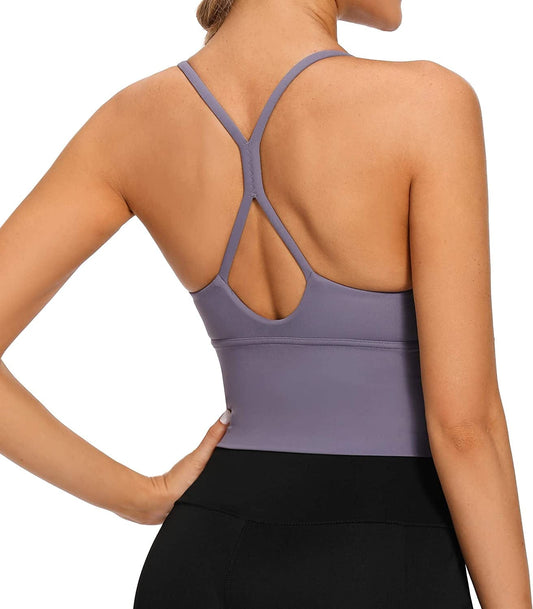 Longline Strappy Padded Sports Bras Workout Running Tank Crop Tops Yoga Gym Fitness Activewear for Women Grey-purple / Small