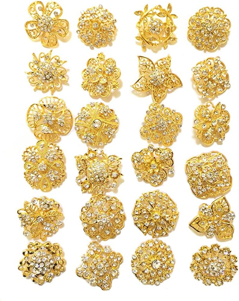 Lot 24Pc Shining Rhinestone Crystal Brooches Pins DIY Wedding Bouquet Kit J