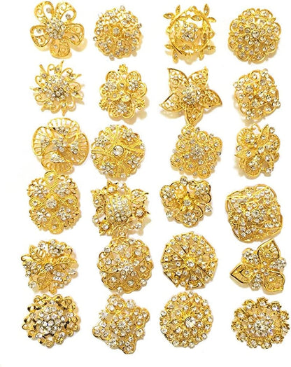 Lot 24Pc Shining Rhinestone Crystal Brooches Pins DIY Wedding Bouquet Kit J