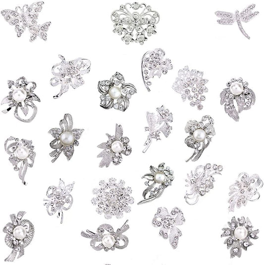 Lot 24Pc Shining Rhinestone Crystal Brooches Pins DIY Wedding Bouquet Kit A
