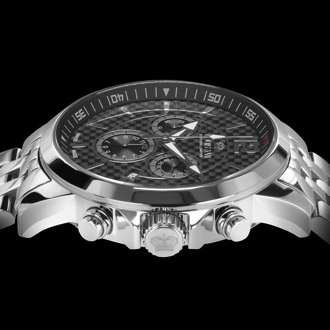 Louis XVI Men'S Watch Athos Silver Carbon Fiber Swiss Made Chronograph Analog Quartz Stainless Steel 801