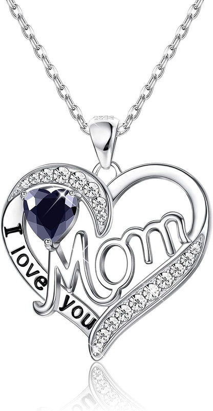 Love Heart Mom Necklace 925 Sterling Silver Birthstone Pendant Necklaces Birthday Mother'S Day Jewelry Gift for Women Sept–Sapphire