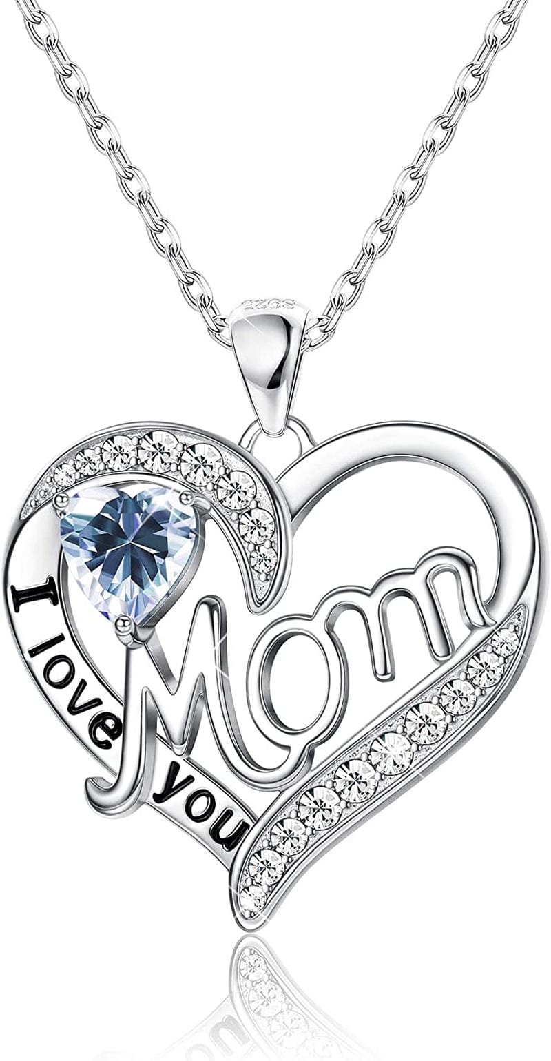 Love Heart Mom Necklace 925 Sterling Silver Birthstone Pendant Necklaces Birthday Mother'S Day Jewelry Gift for Women Mar–Aquamarine