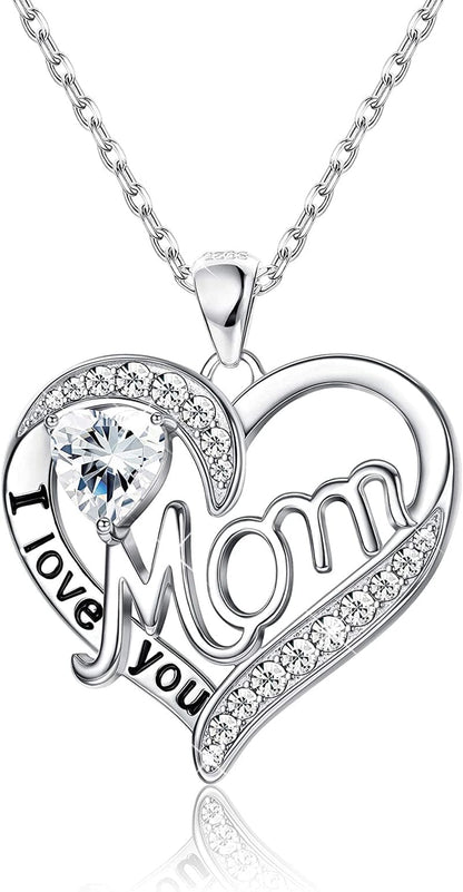 Love Heart Mom Necklace 925 Sterling Silver Birthstone Pendant Necklaces Birthday Mother'S Day Jewelry Gift for Women Apr–Diamond