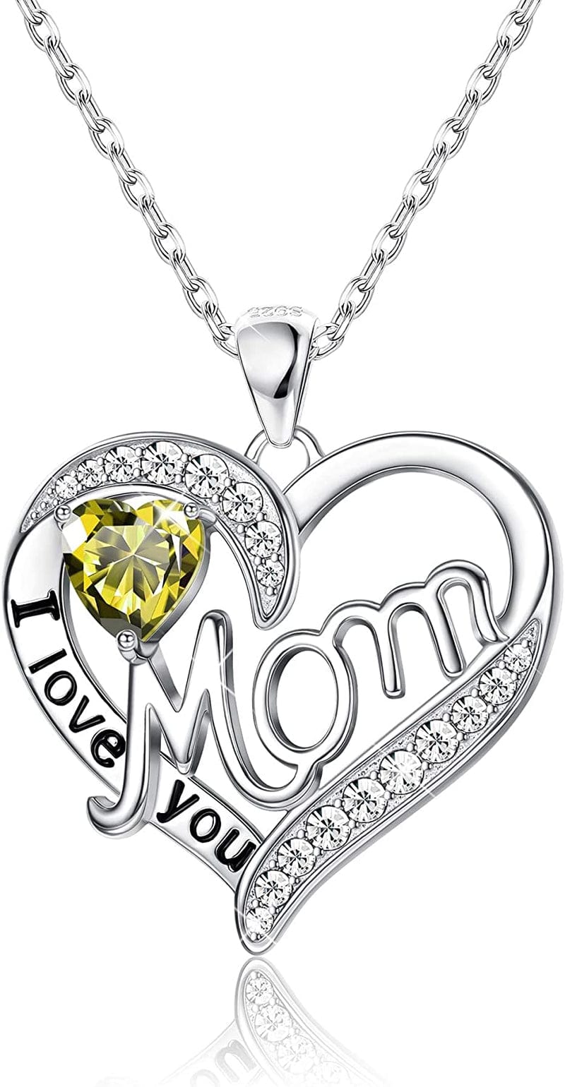 Love Heart Mom Necklace 925 Sterling Silver Birthstone Pendant Necklaces Birthday Mother'S Day Jewelry Gift for Women Aug–Peridot