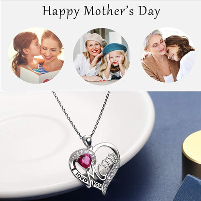 Love Heart Mom Necklace 925 Sterling Silver Birthstone Pendant Necklaces Birthday Mother'S Day Jewelry Gift for Women