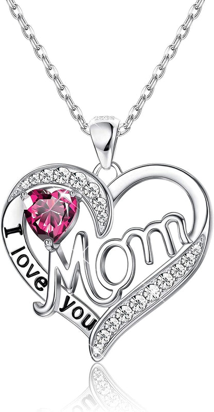 Love Heart Mom Necklace 925 Sterling Silver Birthstone Pendant Necklaces Birthday Mother'S Day Jewelry Gift for Women Jul–Ruby