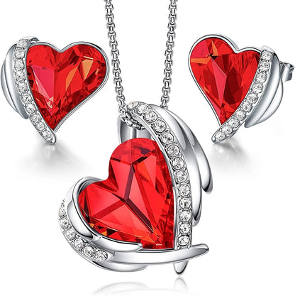 Love Heart Necklaces and Earrings Jewelry Set for Women Rose Gold Crystals Birthstone Christmas Mother’S Day Valentine’S Day Jewelry Gifts for Women Wife Party/Anniversary/Birthday 04_White Gold | Red( 2-pieces Set)