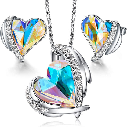Love Heart Necklaces and Earrings Jewelry Set for Women Rose Gold Crystals Birthstone Christmas Mother’S Day Valentine’S Day Jewelry Gifts for Women Wife Party/Anniversary/Birthday 03_White Gold | Yellow( 2-pieces Set)