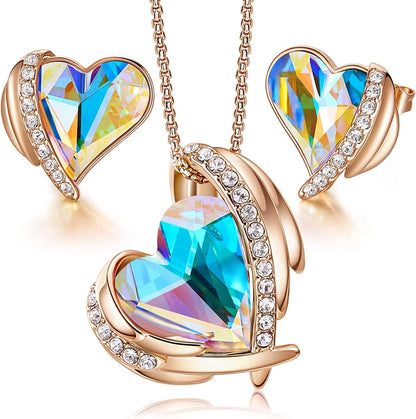 Love Heart Necklaces and Earrings Jewelry Set for Women Rose Gold Crystals Birthstone Christmas Mother’S Day Valentine’S Day Jewelry Gifts for Women Wife Party/Anniversary/Birthday 07_Rose Gold | Yellow( 2-pieces Set)