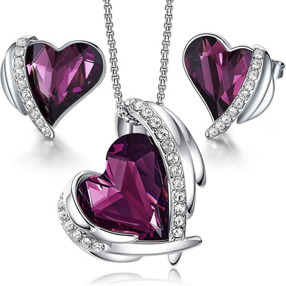 Love Heart Necklaces and Earrings Jewelry Set for Women Rose Gold Crystals Birthstone Christmas Mother’S Day Valentine’S Day Jewelry Gifts for Women Wife Party/Anniversary/Birthday 10_White Gold | Purple( 2-pieces Set)