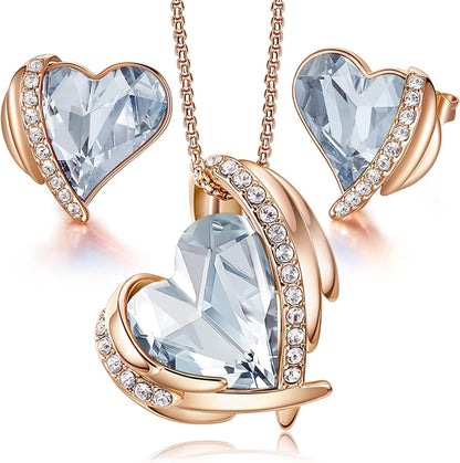 Love Heart Necklaces and Earrings Jewelry Set for Women Rose Gold Crystals Birthstone Christmas Mother’S Day Valentine’S Day Jewelry Gifts for Women Wife Party/Anniversary/Birthday Azure blue