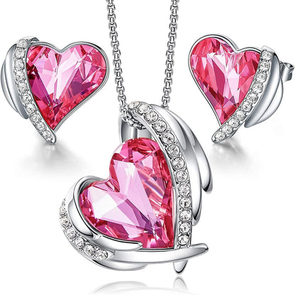 Love Heart Necklaces and Earrings Jewelry Set for Women Rose Gold Crystals Birthstone Christmas Mother’S Day Valentine’S Day Jewelry Gifts for Women Wife Party/Anniversary/Birthday 01_White Gold | Pink( 2-pieces Set)