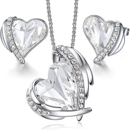 Love Heart Necklaces and Earrings Jewelry Set for Women Rose Gold Crystals Birthstone Christmas Mother’S Day Valentine’S Day Jewelry Gifts for Women Wife Party/Anniversary/Birthday 13_White Gold | White( 2-pieces Set)