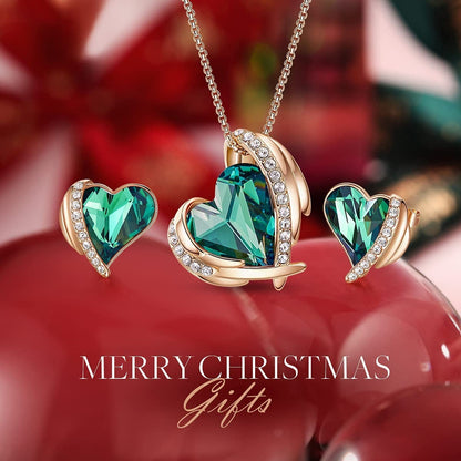 Love Heart Necklaces and Earrings Jewelry Set for Women Rose Gold Crystals Birthstone Christmas Mother’S Day Valentine’S Day Jewelry Gifts for Women Wife Party/Anniversary/Birthday