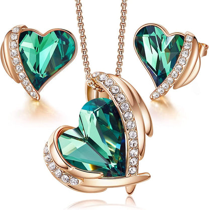 Love Heart Necklaces and Earrings Jewelry Set for Women Rose Gold Crystals Birthstone Christmas Mother’S Day Valentine’S Day Jewelry Gifts for Women Wife Party/Anniversary/Birthday 06_Rose Gold | Green( 2-pieces Set)