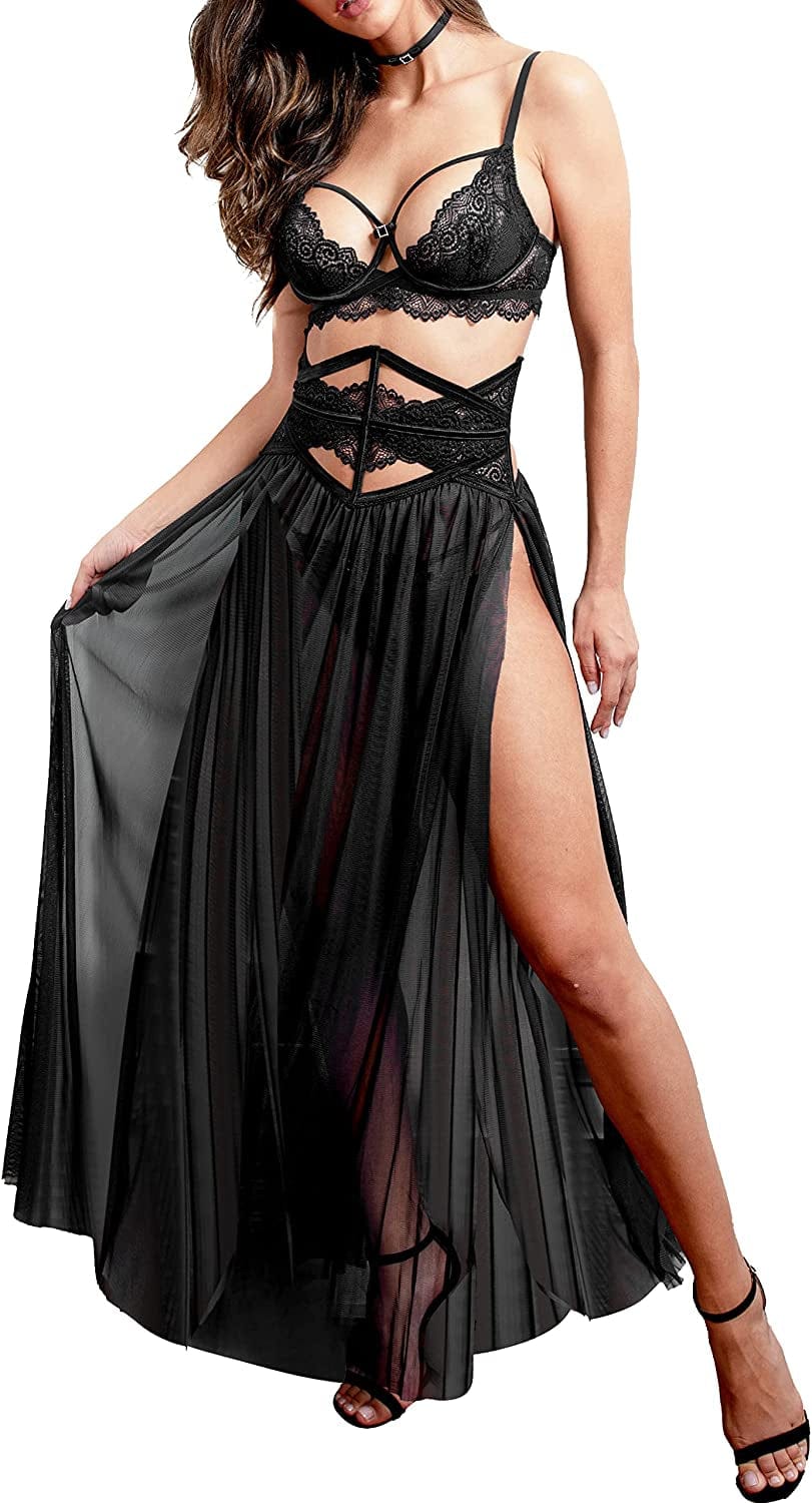 LOVE YOU SEXY Women Lace Lingerie Set,Bra and Girdle with Long Sheer Mesh Nightgown with G-String 4 Piece Lingerie Set Classic Black / 34B/C