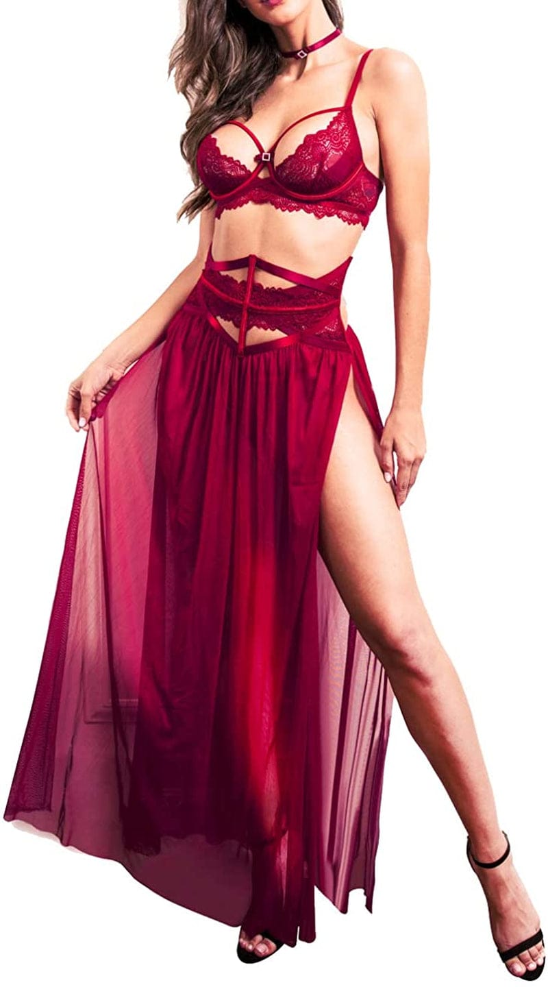 LOVE YOU SEXY Women Lace Lingerie Set,Bra and Girdle with Long Sheer Mesh Nightgown with G-String 4 Piece Lingerie Set Cherry Red / 34C/D