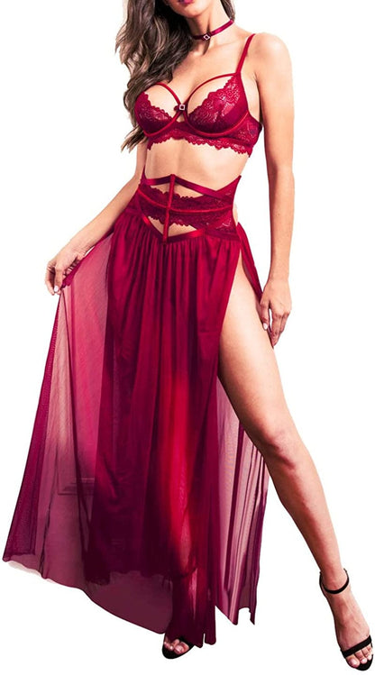 LOVE YOU SEXY Women Lace Lingerie Set,Bra and Girdle with Long Sheer Mesh Nightgown with G-String 4 Piece Lingerie Set Cherry Red / 34C/D
