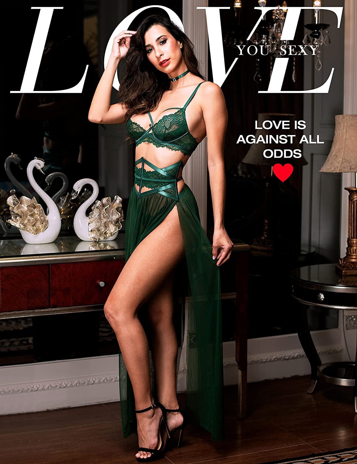 LOVE YOU SEXY Women Lace Lingerie Set,Bra and Girdle with Long Sheer Mesh Nightgown with G-String 4 Piece Lingerie Set