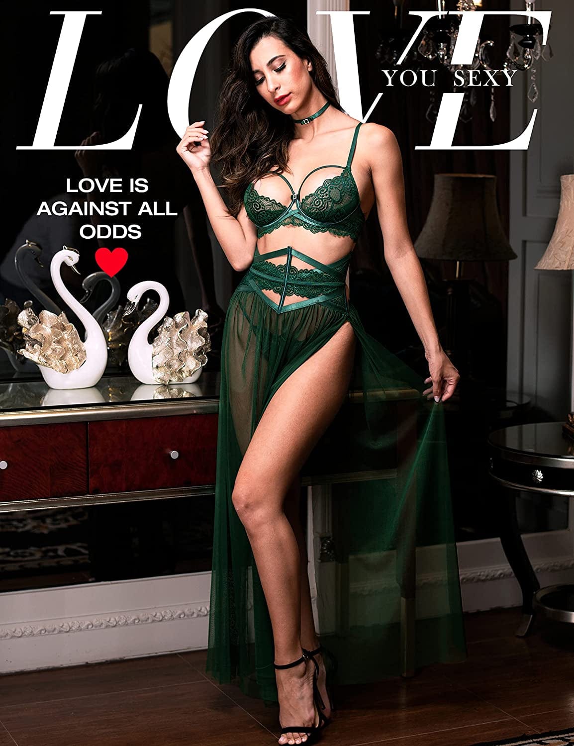 LOVE YOU SEXY Women Lace Lingerie Set,Bra and Girdle with Long Sheer Mesh Nightgown with G-String 4 Piece Lingerie Set
