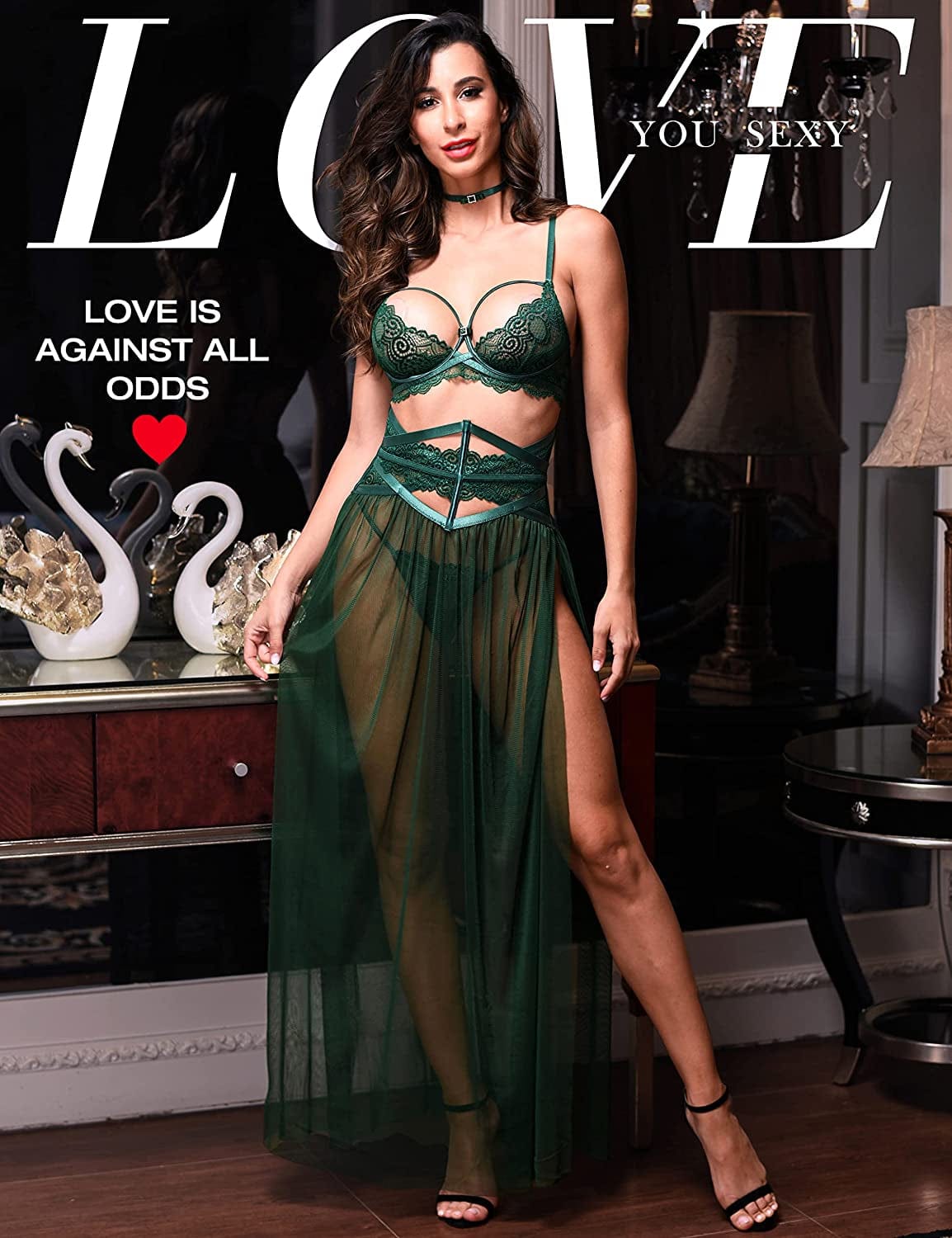 LOVE YOU SEXY Women Lace Lingerie Set,Bra and Girdle with Long Sheer Mesh Nightgown with G-String 4 Piece Lingerie Set