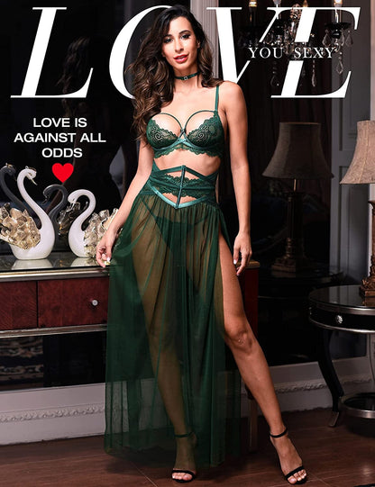 LOVE YOU SEXY Women Lace Lingerie Set,Bra and Girdle with Long Sheer Mesh Nightgown with G-String 4 Piece Lingerie Set