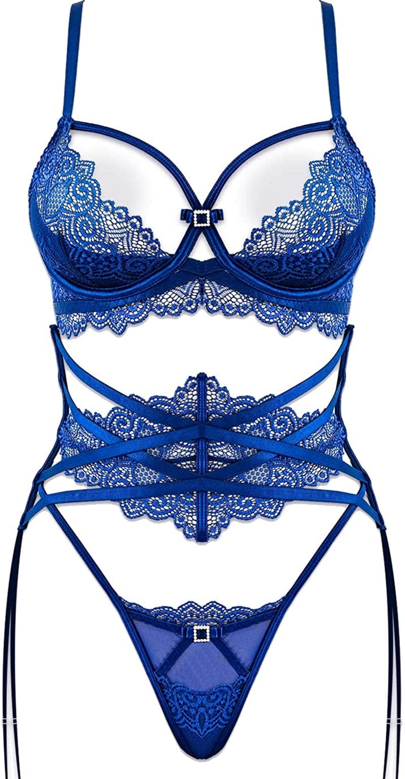 LOVE YOU SEXY Women Lace Lingerie Set,Lace Bra and Panty with Girdled 3 Pieces Set Blue / 36B