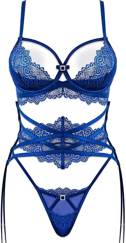 LOVE YOU SEXY Women Lace Lingerie Set,Lace Bra and Panty with Girdled 3 Pieces Set Blue / 36B