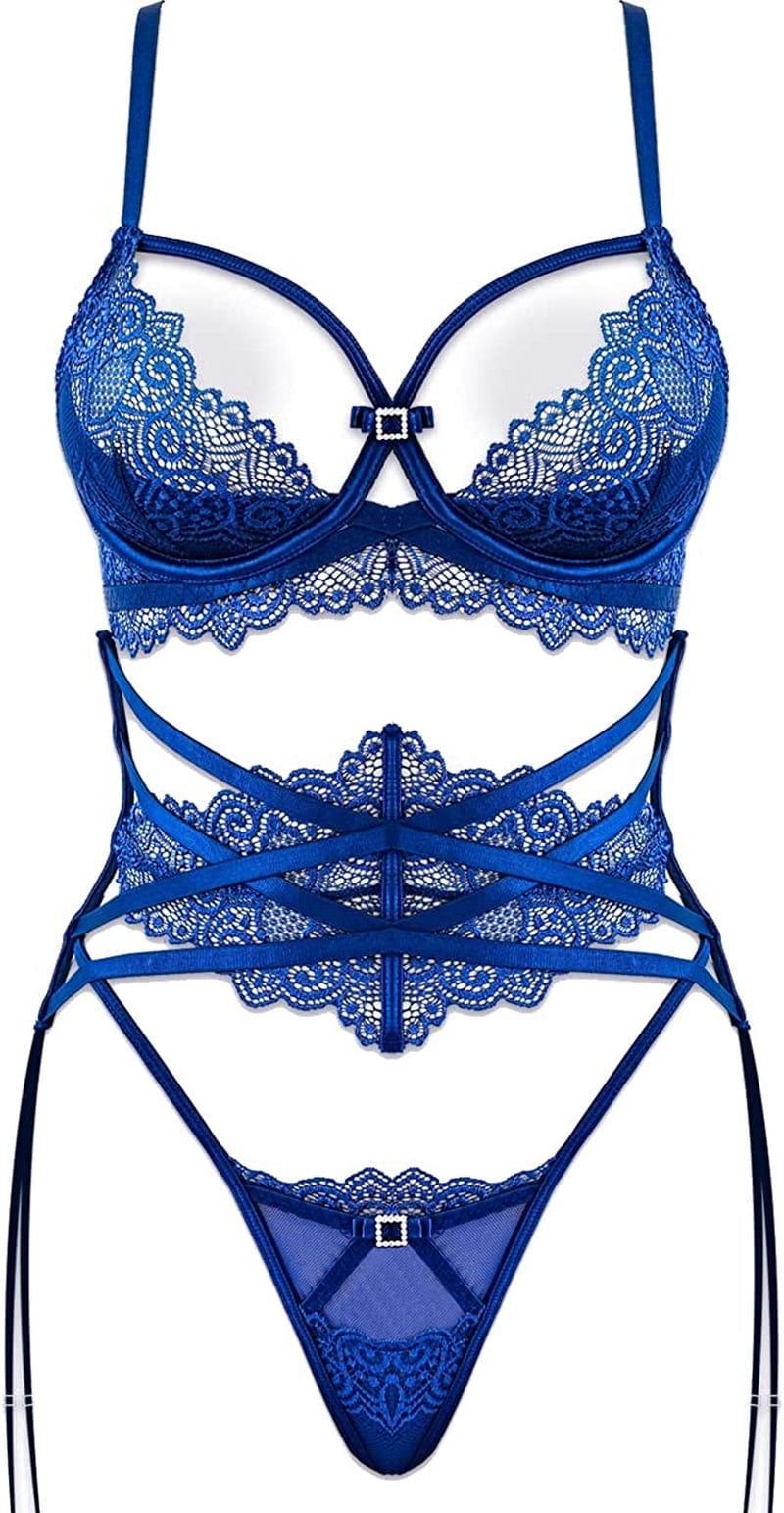 LOVE YOU SEXY Women Lace Lingerie Set,Lace Bra and Panty with Girdled 3 Pieces Set Blue / 36D