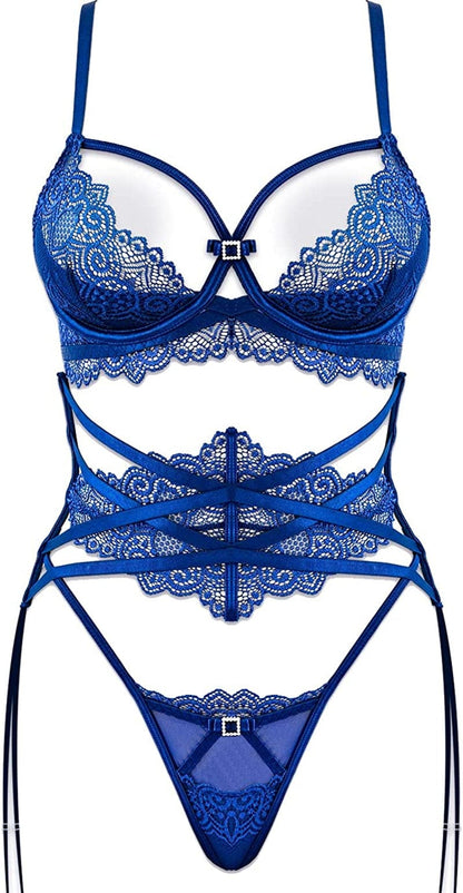LOVE YOU SEXY Women Lace Lingerie Set,Lace Bra and Panty with Girdled 3 Pieces Set Blue / 36D
