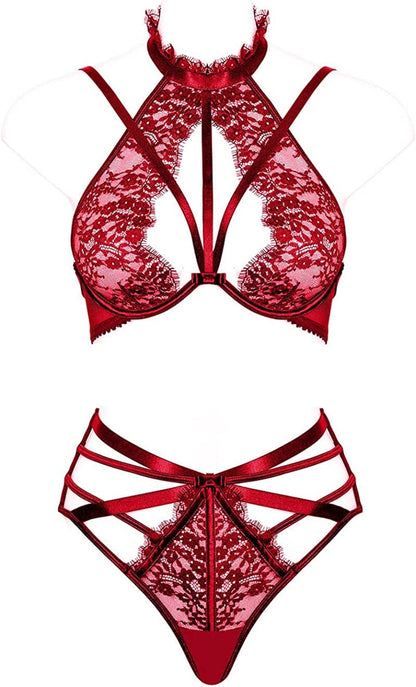 LOVE YOU SEXY Women Lace Lingerie Set, Strappy Bra and Panty, Lace Choker Bra Highwaist Panty 2 Pieces Bra Set Cherry Red / 32D