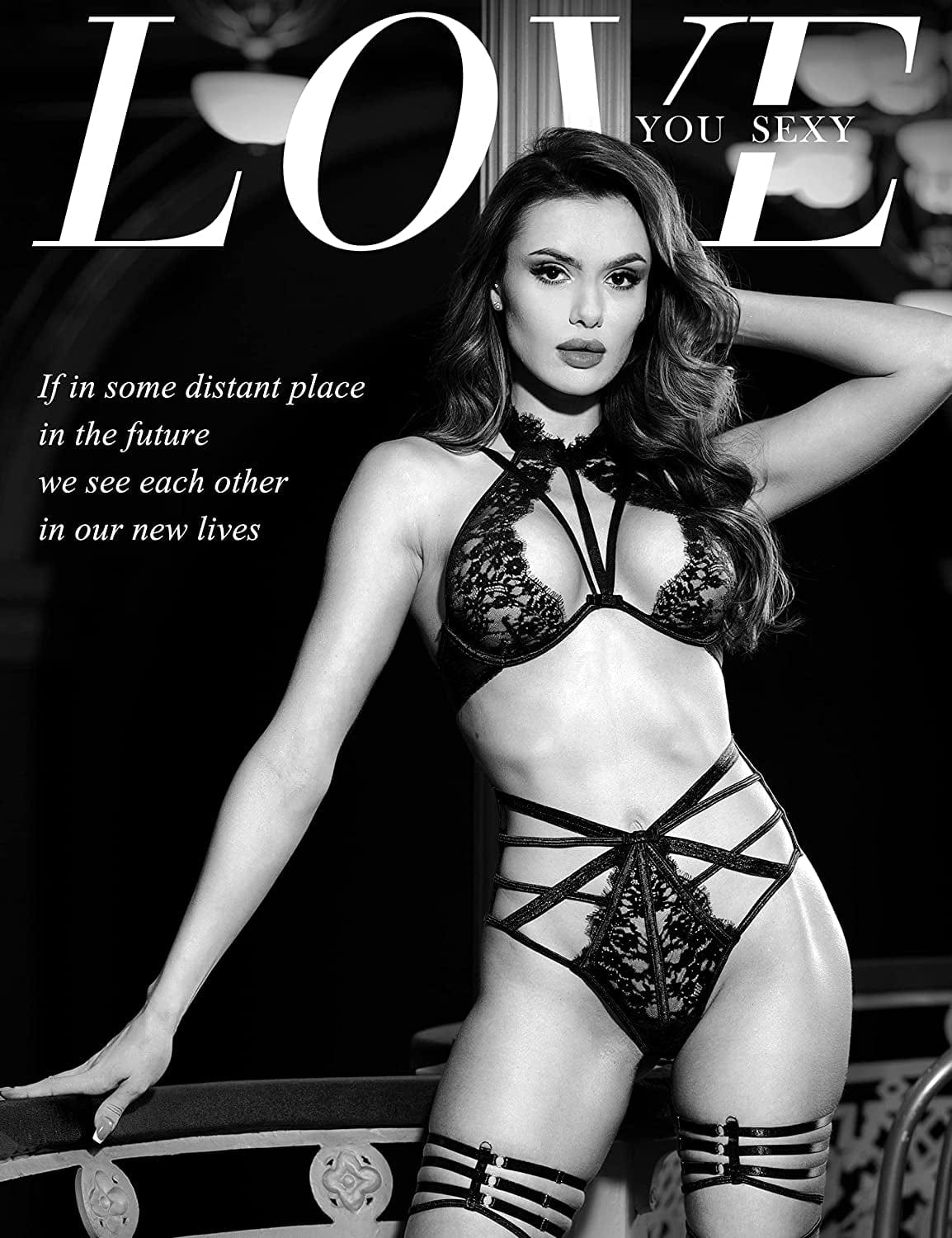 LOVE YOU SEXY Women Lace Lingerie Set, Strappy Bra and Panty, Lace Choker Bra Highwaist Panty 2 Pieces Bra Set