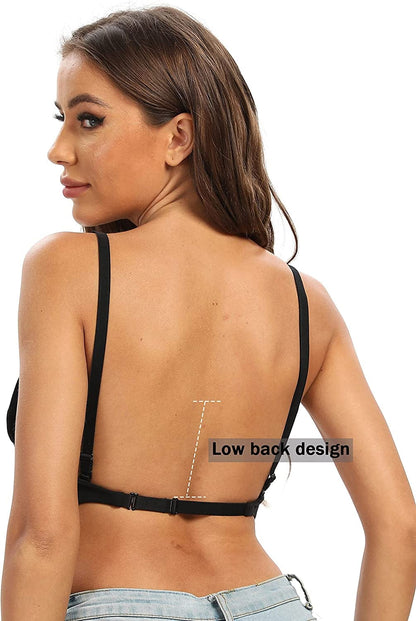 Low Back Bra for Women Wireless Padded Backless Bralette Deep V Convertible Adjustable Straps Bra