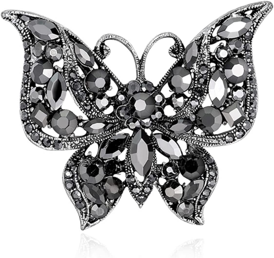 Lquuo Hollow Butterfly Brooch Pins Faux Rhinestone Crystal Butterfly Lapel Pin Filigree Butterfly Cute Animal Corsage Pin for Women,Black, 5.8*4.7Cm black