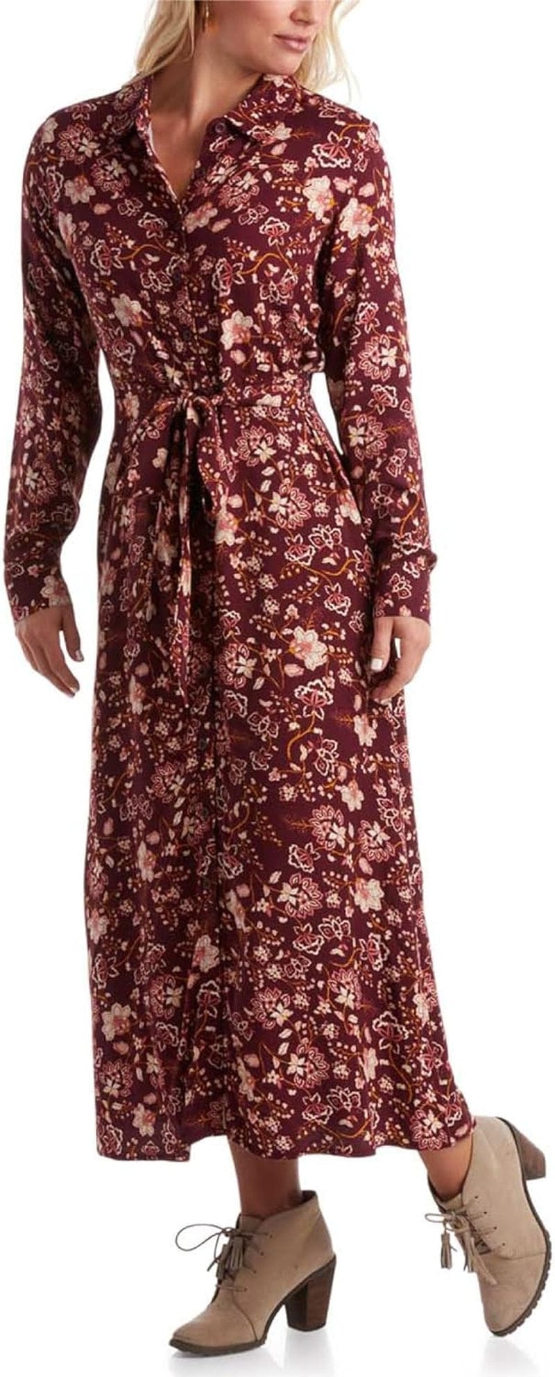 Lucky Brand Women'S Dress - Casual Front Button Long Sleeve Midi Shirt Dress - Lightweight Sundress for Women (S-XL) Wine Floral / Small