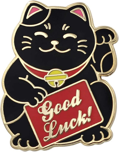 Lucky Cat Pin - Good Luck Cat Enamel Pin, Waving Cat Lapel Pin - Cute, Kawaii Good Luck Charm & Gift Accessory for Jackets, Hats, Backpacks & Tops Black