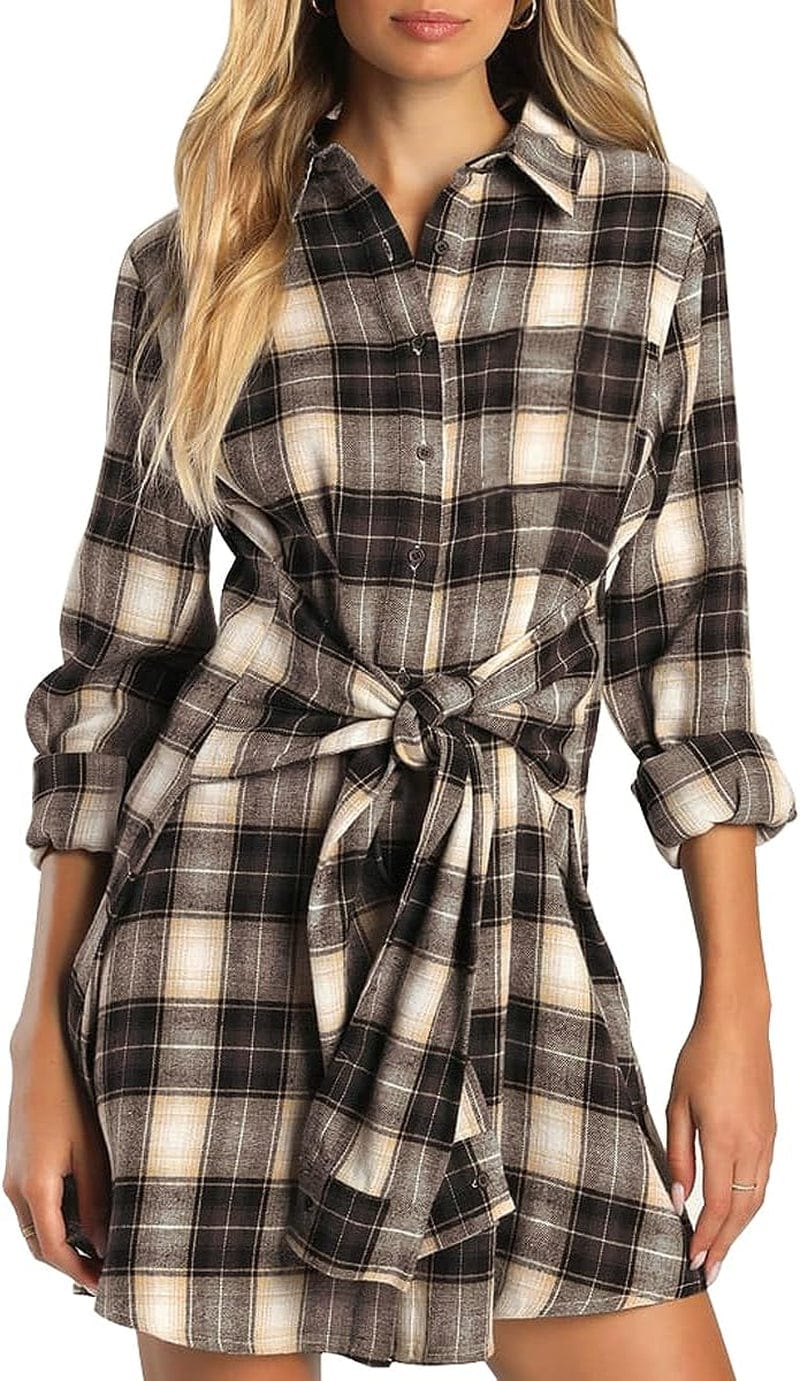 Lufeng Women'S Casual Plaid Long Sleeve Lapel V Neck Tie Waist Front Button down Mini Tunic Shirt Dress Coffee / Medium