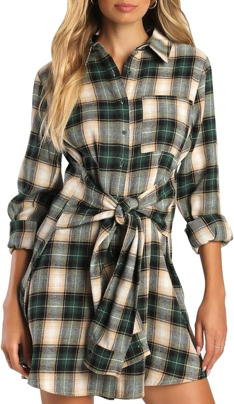 Lufeng Women'S Casual Plaid Long Sleeve Lapel V Neck Tie Waist Front Button down Mini Tunic Shirt Dress Green / X-Large
